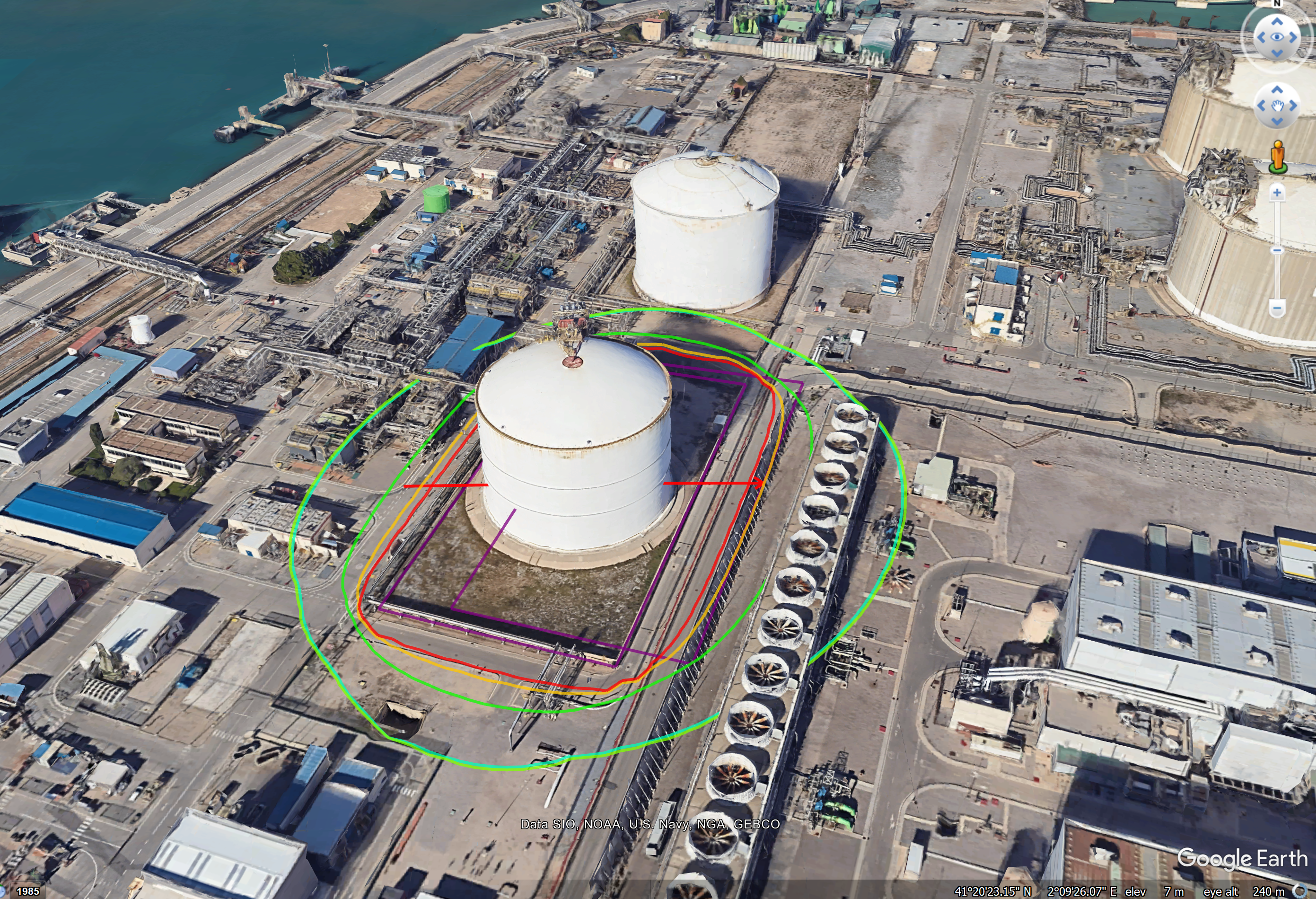 Image of the heat radiation contours exported to Google Earth